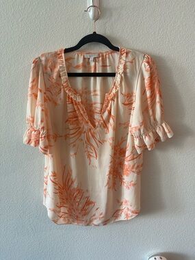Joie Cream Top with Coral Floral Print and Ruffle Sleeves